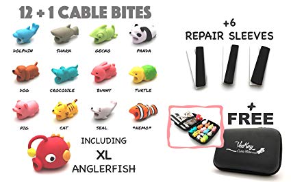12 1 VeeKay Cable Bites and Repair Kit Cute Animals for iPhone Lightning Android Charging Cord Accessory Protector Saver Includes 6 Repair Sleeves and a Free Carry Case