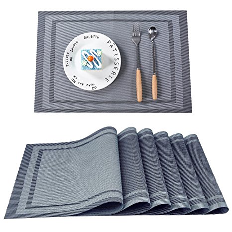 Azornic PVC Place Mats Set of 6, Heat-resistant Placemats Stain Resistant Anti-skid Washable Dining Table Mats, Grey