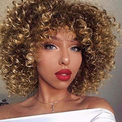 ForQueens Afro Wigs For Black Women Short Kinky Curly Full Wigs Brown Mixed Blonde Synthetic Heat Resistant Wigs For African Women With Wig Cap