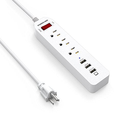 Poweradd 3-Outlet Surge Protector Power Strip 5ft Extension Cord with 3 Smart USB Ports