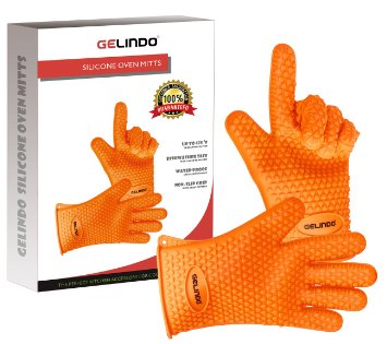 Gelindo Silicone Oven Mitts 1 Pair FDA Approved BBQ Insulated Gloves w 5-Finger Anti Slip Grip - Best for Grilling and Holding Hot Pots- Heat Resistant Up to 425 -Waterproof BPA-Free and Eco-friendly
