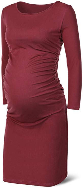 Rnxrbb Women's Long Sleeve Maternity Dress Casual Pregnancy Dresses Ruched Side Warm Mama Clothes