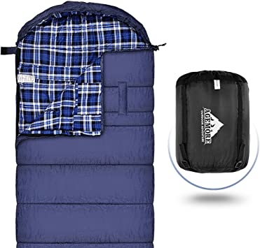 AGEMORE Cotton Flannel Sleeping Bag XL for Camping, Envelope Sleeping Bags for Adults 91"X35", Great for 3-4 Season Traveling, Hiking, Outdoor Activities, Waterproof Comfort with Compression Sack