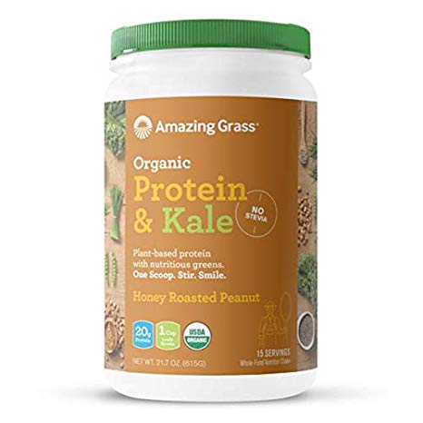Amazing Grass Organic Plant Based Vegan Protein and Kale Powder, 15 servings, 20g protein with Greens, No Stevia, Flavor: Honey Roasted Peanut, Non-GMO, Gluten Free