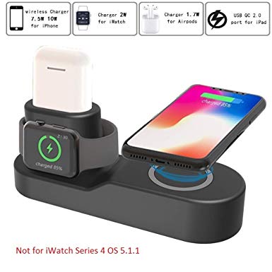 Wireless Charger 4 in 1 Wireless Charging Stand Station Compatible with Apple Watch 3/2/1 Airpods iPhone Xs/XS MAX/XR/X/8/8 Plu Samsung Galaxy S9 All Qi-Enabled with USB Adapter Organizer Dock