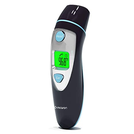 Medical Forehead and Ear Thermometer for Baby, Kids and Adults - Infrared Digital Thermometer with Fever Indicator, CE and FDA Approved (Black/Light Blue)