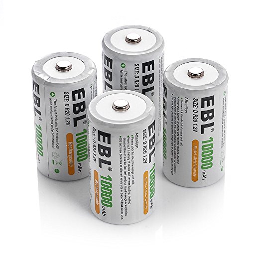 EBL D Cell Rechargeable Batteries 10000mAh 1.2V Ni-Mh 4 Pack D Size 1200 Cycle (Battery Case Included)