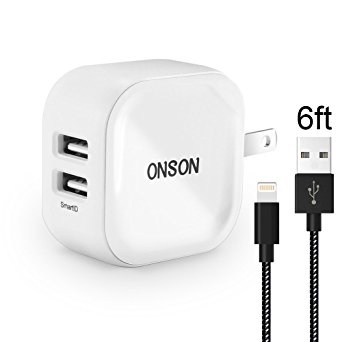 ONSON iPhone Charger,2.4A 12W Dual USB Portable Travel Wall Charger with Foldable Plug 6FT Long Apple Lightning Cable Charging Cord for iPhone 7/7Plus/6S/6S Plus/6/5S/SE/5C,iPad Air/Mini/Pro(White)