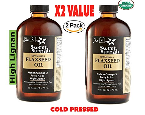 Flax Seed Oil-Pack of 2- Certified Organic Pure & Top Quality Glass Bottle Cold Pressed No preservatives & Artificial color- Glass Bottle 16oz MADE LOCAL IN NY USA BY SweetSunnah