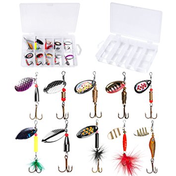 PLUSINNO Fishing Lures for Bass 16pcs Spinner Lures with Portable Carry Bag,Bass Lures Trout Lures Hard Metal Spinner Baits Kit