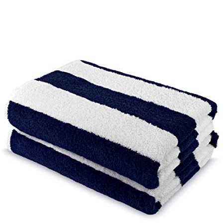 100% Turkish Cotton Super Soft Cabana Stripe Large Pool Beach Towel (Navy Blue, Set of 2) 35in x 65in