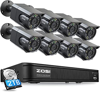 ZOSI 4K Security PoE Camera System with Audio, 8CH H.265  NVR with 2TB HDD for 24/7 Recording ,8 x 8MP PoE IP Cameras Outdoor Indoor, Starlight Color Night Vision, Human Detection, Smart Light Alarm