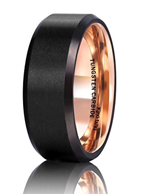 King Will Men's 8mm Black Tungsten Carbide Ring with Rose Gold Plated Inner Wedding Band