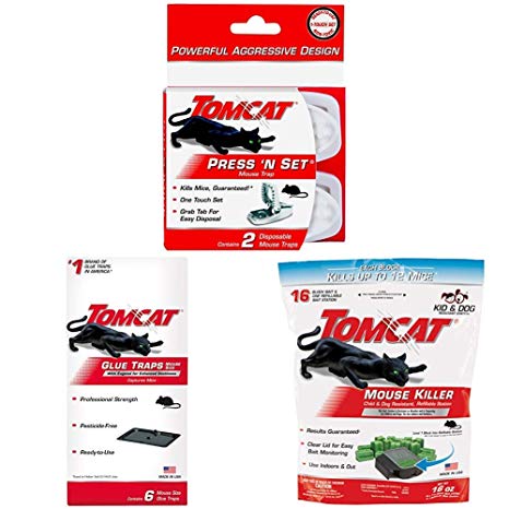 Tomcat Press 'N Set Mouse Trap 2PK with Mouse Glue Trap w/Eugenol 6PK and Tier 1 Refillable Mouse Bait Station