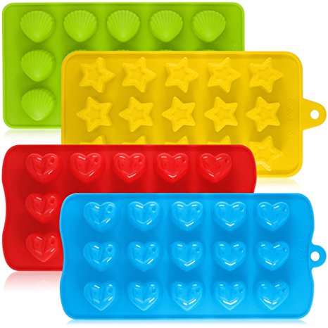 Silicone Chocolate Candy Molds, AIFUDA 4 Packs Non-stick Baking Molds Ice Cube Trays for Making Cake Muffin Cupcake Gumdrop Jelly - Heart, Star & Shell