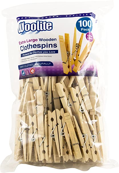 Woolite Extra Large Wooden 100 Pack Clothespins, Natural