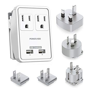 Poweradd Travel Power Adapter Kits - Dual 2.4A USB Ports   2 Outlets Wall Charger with Worldwide Wall Plugs for UK, US, AU, Europe & Asia, Gift Pouch Included - UL Listed