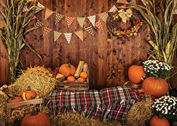 AIIKES 7x5FT Fall Thanksgiving Photo Backdrop Rustic Wood Board Barn Harvest Photography Background Autumn Pumpkin Leaves Flower Baby Birthday Portrait Party Decoration Photo Studio Booth Props 11-741