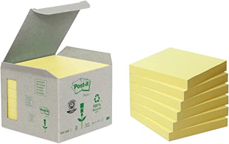 Post-it Recycling Notes Canary Yellow, Pack of 6 Pads, 100 Sheets per Pad, 76 mm x 76 mm, Yellow Color - Self-Stick Notes Made from 100% Recycled Paper