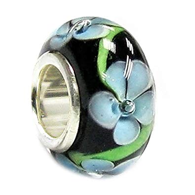 Queenberry Sterling Silver Black Hawaii Blue Flower Glass Bead For European Charm Bracelets