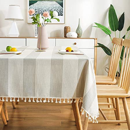 AmHoo Striped Tassel Cotton Linen Tablecloth Washable Rectanglar Table Covers for Kictchen Dining Table Decoration 54 x 120 Inch Beige