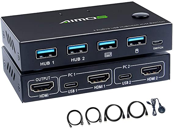 KVM Switch HDMI 2 Ports, AIMOS USB Switch Selector, 2 Computers Share 4 USB 2.0 Devices and one HD Monitor, Support Wireless Keyboard and Mouse Connections, UHD 4K@30Hz, with HDMI and USB Cables