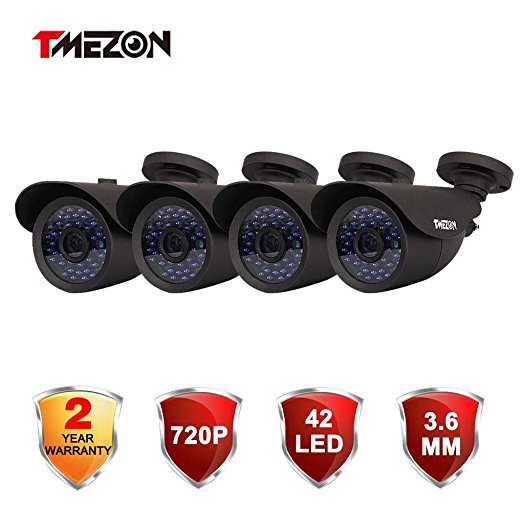 TMEZON 4 Pack ONVIF 1280*720P HD 1.0MP Bullet IP Camera POE Outdoor Waterproof 3.6mm Lens 42 IR LEDs Infrared Night Vision Security Camera Power Over Ethernet