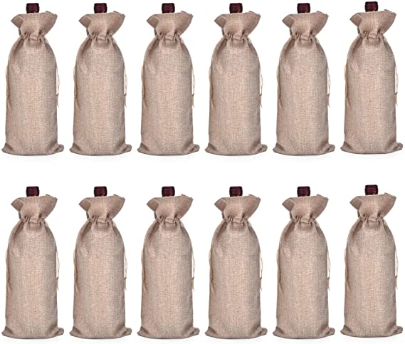 Burlap Wine Bag, 12 Wine Bottle Gift Bags with Drawstring for Wedding, Party Favors, Christmas, Holiday and Wine Tasting Party Supplies (Natural)