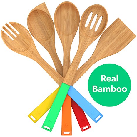 Vremi 5 Piece Bamboo Spoons Cooking Utensils - Wooden Spoons and Spatula Utensil Set - Bamboo Wood Nonstick Cooking Spoons for Kitchen with Colorful Silicone Handles in Red Yellow Green Orange Blue