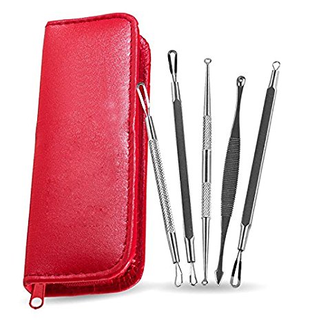 CASSICAT® Blackhead & Blemish Remover Kit - 5 Professional Surgical Extractor Instruments - Easily Cure Pimples, Blackheads, Comedones, Acne, and Facial Impurities (Red)