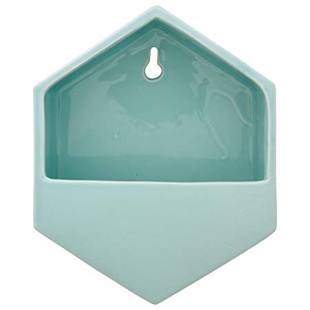 Rivet Modern Hexagonal Earthenware Hanging Indoor Wall Mount Planter Flower Pot- 7.7 Inch, Aqua