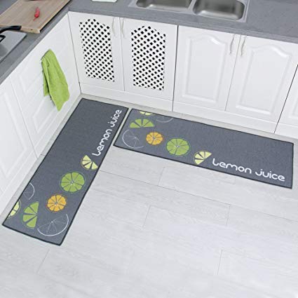 Carvapet 2 Piece Non-Slip Kitchen Mat Rubber Backing Doormat Runner Rug Set, Lemon Design (Grey 15"x47")
