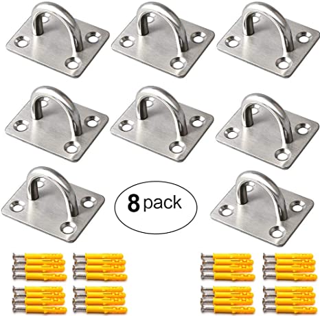 Abimars 8 Pieces Stainless Steel Eye Plate Oblong Pad Eye Plate Metal Staple Ring Hook Hardware and Screws Accessories - Suspension Ceiling Hooks Hammock Swing Hook, Hardware Accessories