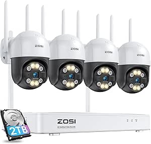 ZOSI 2.5K Wireless Security Camera System,4pcs 4MP Pan/Tilt Cameras Outdoor Indoor,AI Human Detection,Night Vision,Spotlight & Siren,8CH 4MP WiFi Surveillance NVR with 2TB HDD for 24/7 Recording