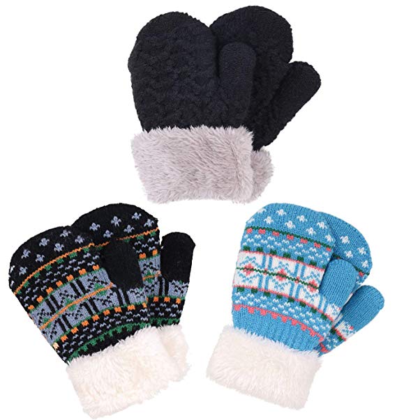 Verabella Boys & Girl's Sherpa Lined Fuzzy Cuff Winter Mittens Kids Knitted Gloves 3 Pairs