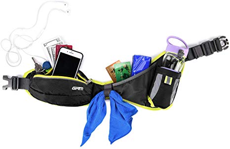 GRM Running Water Bottle Belt with 2.75" Holder, Adjustable Hydration Belt with 7.87"x3.74" Large Storage Bag Fitting Cellphone up to 6.5", Perfectly for Running, Hiking & Climbing, Blue/Black