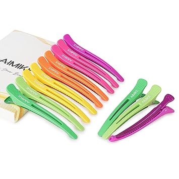 AIMIKE Neon Hair Clips, 12 Pcs Salon Hair Clips for Styling Sectioning, Duck Billed Hair Roller Clips, Professional Hair Styling Clips, Hair Cutting Clips for Women, Hairdresser - 4.3” Long