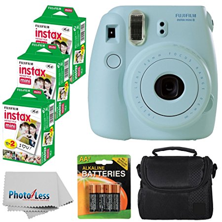 Fujifilm Instax Mini 8 Instant Film Camera (Blue) With Fujifilm Instax Mini 6 Pack Instant Film (60 Shots)   Compact Bag Case   Batteries Top Kit - International Version (No Warranty)