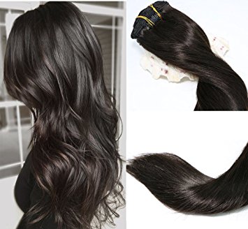 Clip In Hair Extensions Human Hair New Version Thickened Double Weft Brazilian Hair 120g 8pcs Per Set Remy Hair Natural Black Full Head Silky Straight 100% Human Hair Clip In Extensions(14 Inch #1B)