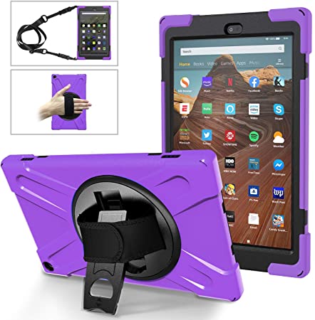 MoKo Case Fits Fire HD 10 Tablet (7th/9th Generation, 2017/2019 Release), PC   TPU Full-Body Rugged Back Cover 360 Degree Rotating Kickstand Shell with Shoulder Strap and Hand Strap - Purple