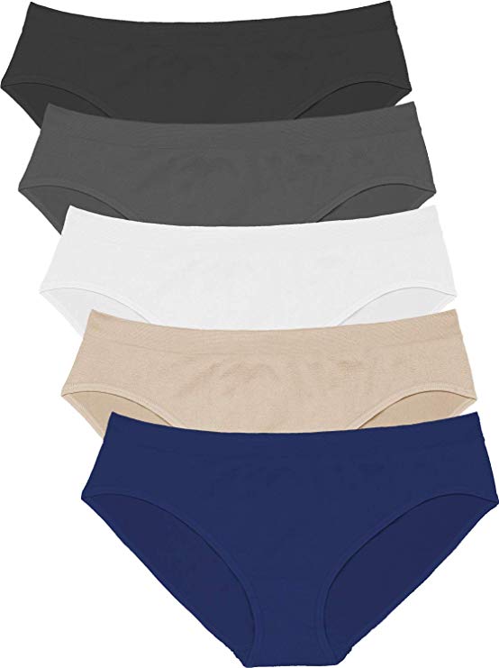 Areke Women's Seamless Underwear 5-Pack Mid/Low Rise Bikini Briefs Soft Stretch Cheekini Hipster Panties