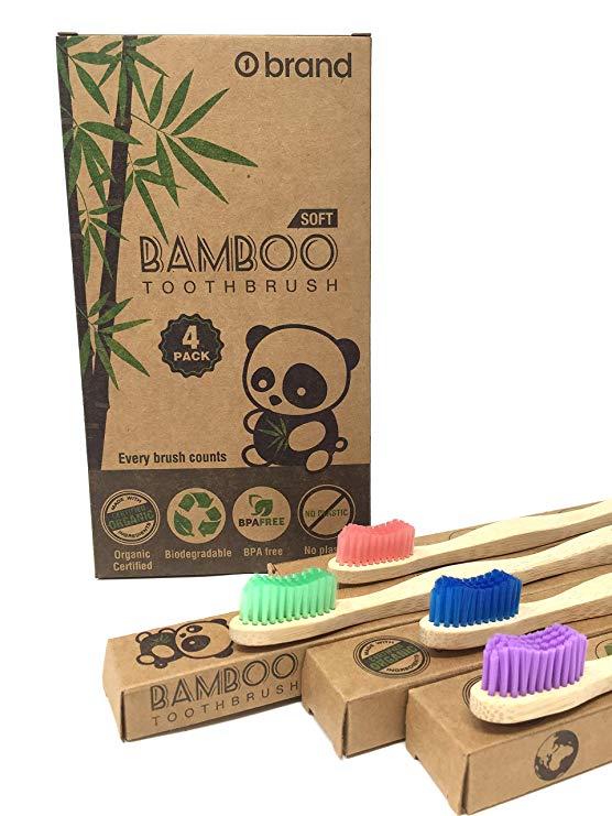 Biodegradable Bamboo Toothbrush, Soft Bristle Toothbrush, Eco Friendly & Natural, BPA Free, Wooden Toothbrushes, Zero Waste Products, Organic, Vegan, Tooth Brush, Non Plastic, Environmental (4 Pack)