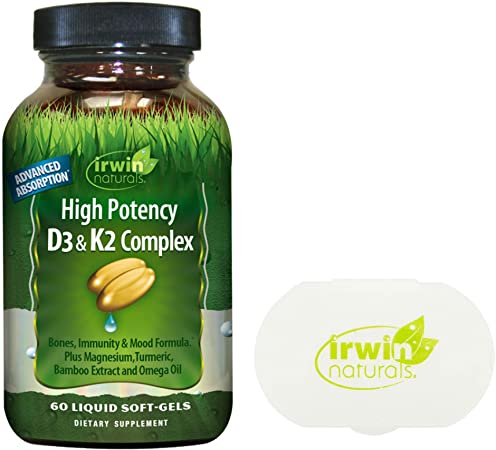 Irwin Naturals High Potency D3 & K2 Complex for Healthy Bones, 60 Liquid Softgels Bundle with a Irwin Naturals Pill Case