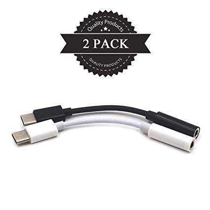 USB Type C to 3.5mm Female Headphone Earphone Jack Adapter AUX Stereo Audio Cable for Motorola Moto Z, MacBook Pro, Samsung More, Essential PH-1, HTC U11,etc (2 Pack -Black White)