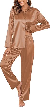 Ekouaer Classic Satin Pajamas for Women Long Sleeve Button Down Sleepwear Soft Silk Loungewear Pjs Set S-XXL