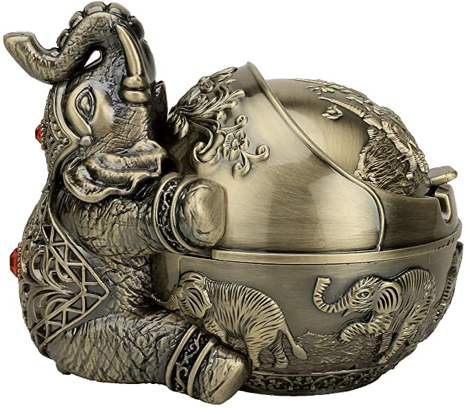 Vintage Decorative Windproof Ashtray with Lid for Cigarettes Metal Portable Cigarette Ashtray Odor Indoor outdoor Fancy Gift ornament for Men Women- Bronze Elephant Ball