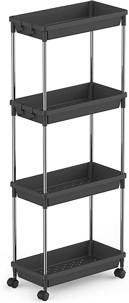 Lifewit Slim Storage Rolling Cart for Bathroom Laundry Room Kitchen Narrow Space, 4 Tier Slide-Out Storage Cart Organizer Rack Shelf with Wheels for Space-Saving Organization, Easy Assembly, Black