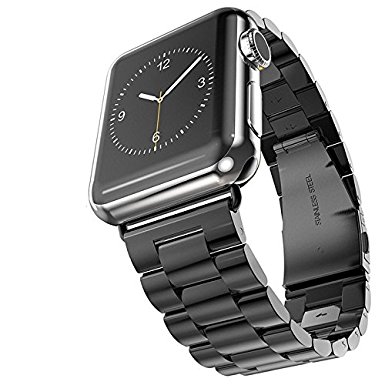 BuySShow Apple Watch Band, Iwatch Band Solid Stainless Steel Metal Watch Strap Bracelet Replacement with Durable Folding Clasp connector (Black 42MM)
