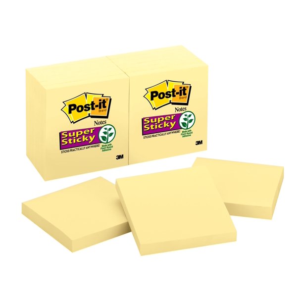 Post-it Super Sticky Notes 12 Pack, Canary Yellow, 3in x 3in