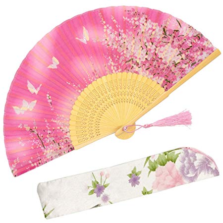 OMyTea Women Hand Held Silk Folding Fans with Bamboo Frame - with a Fabric Sleeve for Protection for Gifts - Sakura Cherry Blossom Pattern (WZS-3)